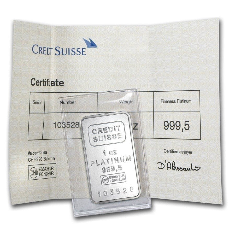 1 oz platinum bar credit suisse 9995 fine w assay 49174 Obv