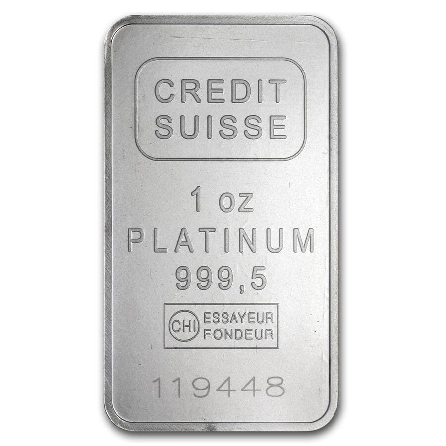 1 oz platinum bar credit suisse 9995 fine w assay 49174 Rev