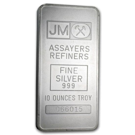 10 oz silver bar johnson matthey pressed plain back 70059 Obv